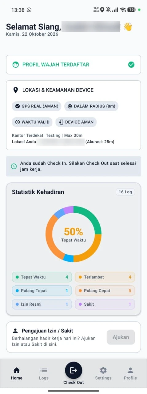 Layar Utama Aplikasi Absensi Karyawan